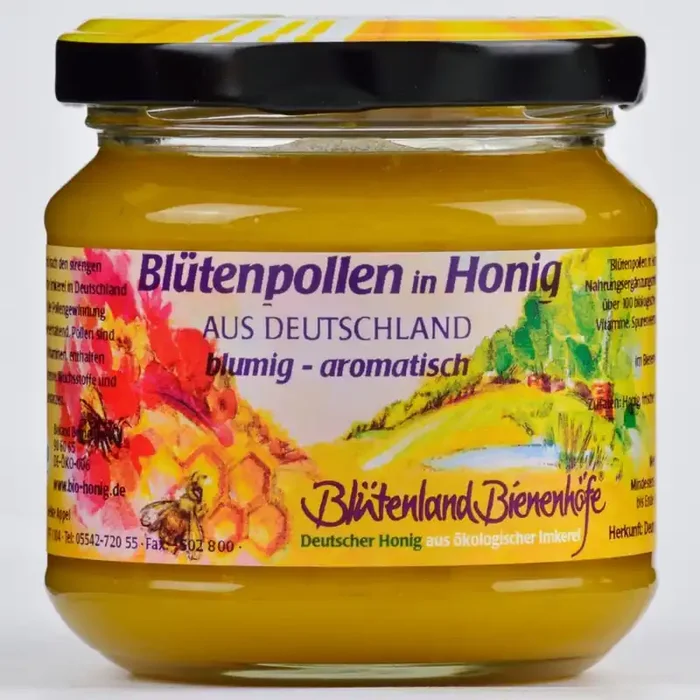 Blütenland Bienenhöfe *Bio Blütenpollen in Honig, Deutscher Bioland-Honig & -Blütenpollen (250g)
