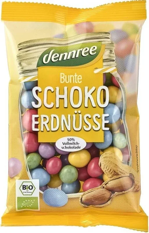 Mit Milchschokolade überzogene Erdnüsse in knusprigen bunten Schalen B