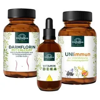 Sparset Vitamin DEKA Tropfen + UNIimmun + Darmflorin mit Calcium – 50 ml + 180 Kapseln + 180 Kapseln – von Unimedica